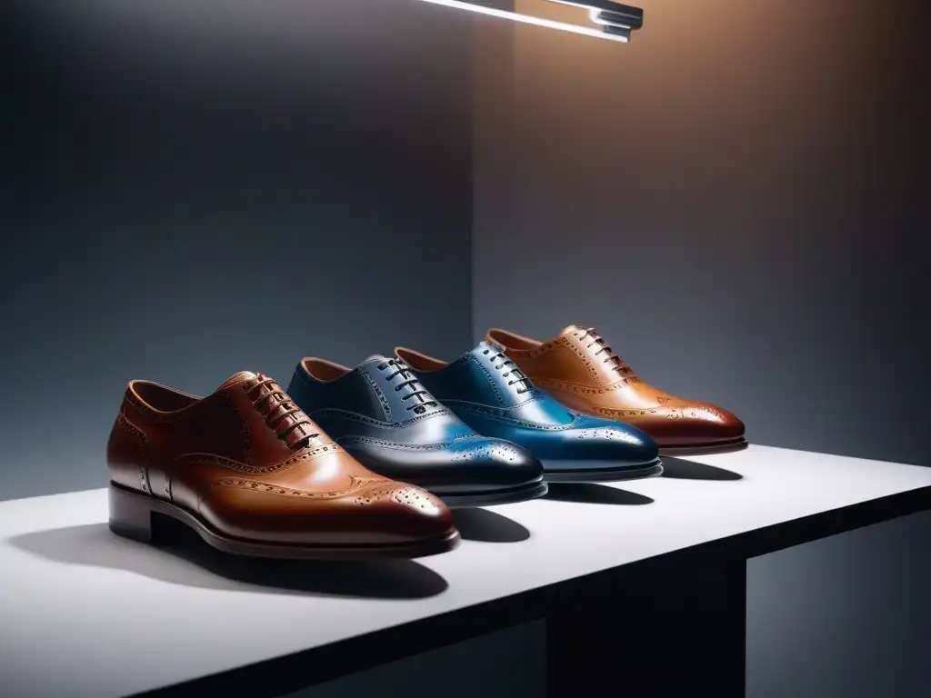 Exclusiva colección de zapatos de lujo: diversidad y estilo Una colección exclusiva de zapatos de alta gama y inclusivos exhibidos en un elegante y minimalista mueble