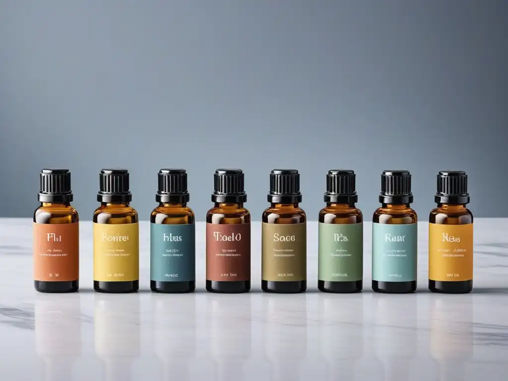 Exclusiva colección de aceites esenciales en elegantes frascos de vidrio - propiedades y lujo Una colección de lujosos aceites esenciales con propiedades para la piel, en elegantes frascos de vidrio sobre un elegante mostrador de mármol