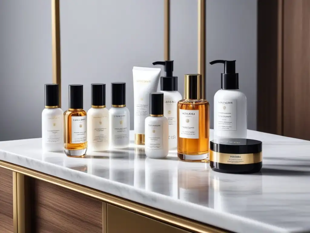 Vanity de lujo: productos de belleza exquisitos en mármol blanco y oro Una colección de productos de belleza de lujo para la piel, exhibidos en una elegante mesa de mármol blanco con detalles dorados