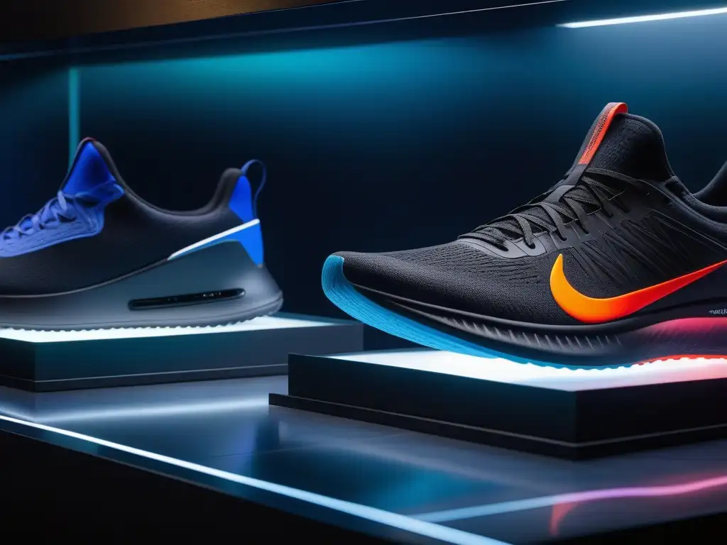 Zapatillas deportivas de alta tecnología: running, baloncesto, tenis y más Una colección de zapatillas deportivas modernas y especializadas en un estante futurista