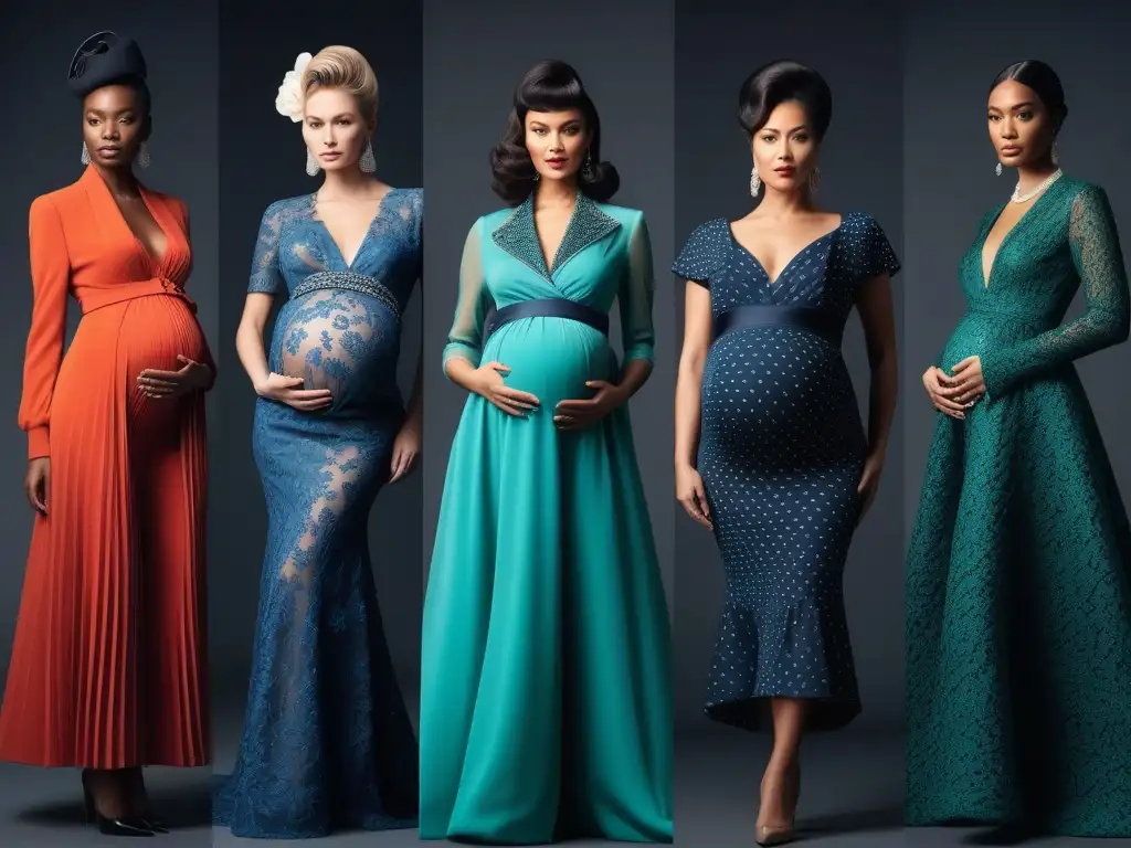 Evolución de la moda maternal: de los 50 a hoy en 8K Collage de moda maternal décadas: siluetas vintage, estampados vibrantes, trajes poderosos, estilos bohemios y diseños minimalistas
