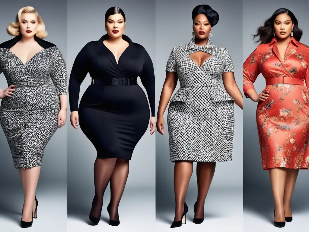 Evolución de la moda plussize: de los 50s a hoy Collage vibrante de la evolución de la moda plus size a lo largo de las décadas, destacando modelos icónicas y diseñadores