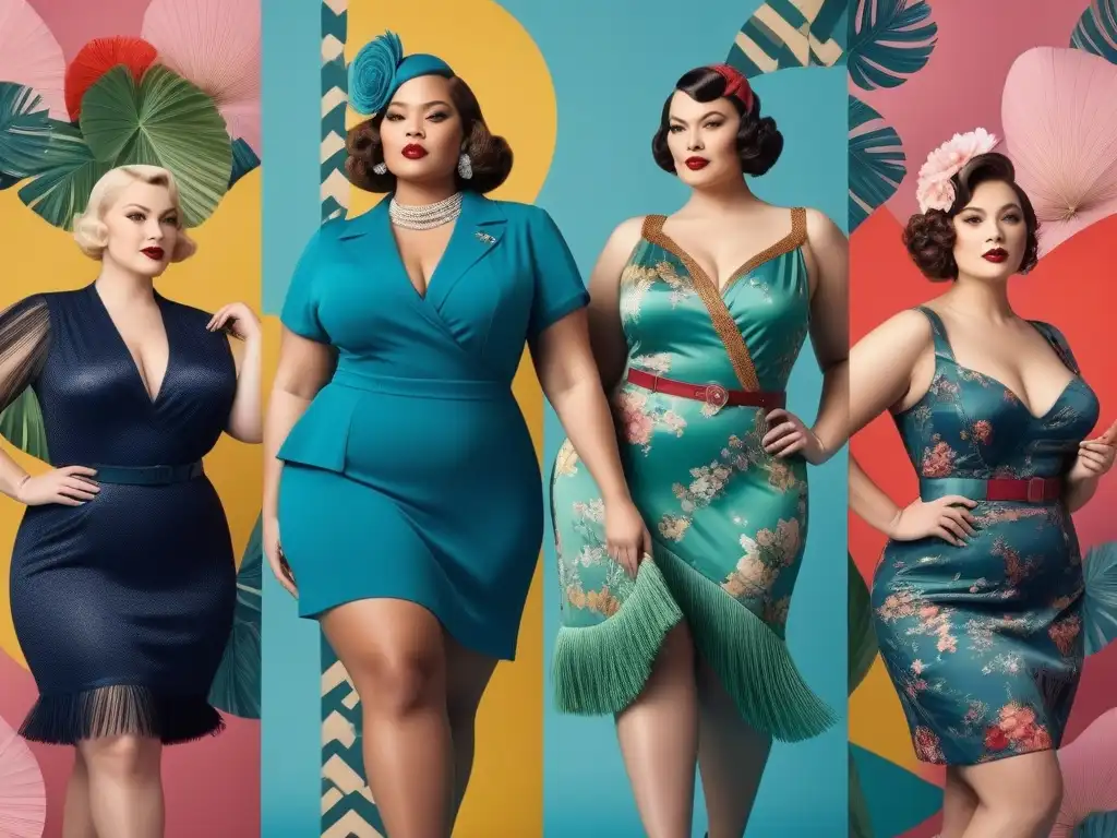 Collage evolución moda tallas grandes: de los años 20 al presente Collage vibrante de la evolución de la moda plus size a través de las décadas, desde los años 20 hasta la actualidad