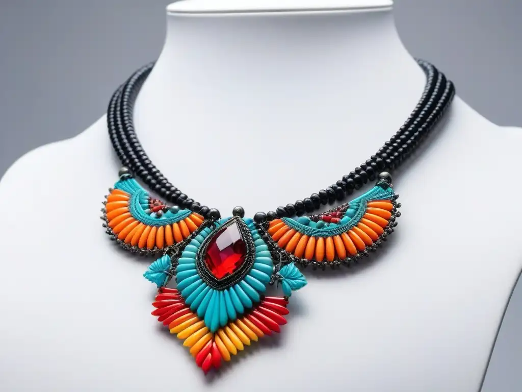 Collar ecofriendly de plásticos reciclados: detalle único y colorido Collar eco amigable de plásticos reciclados con intrincados diseños y colores vibrantes en fondo blanco
