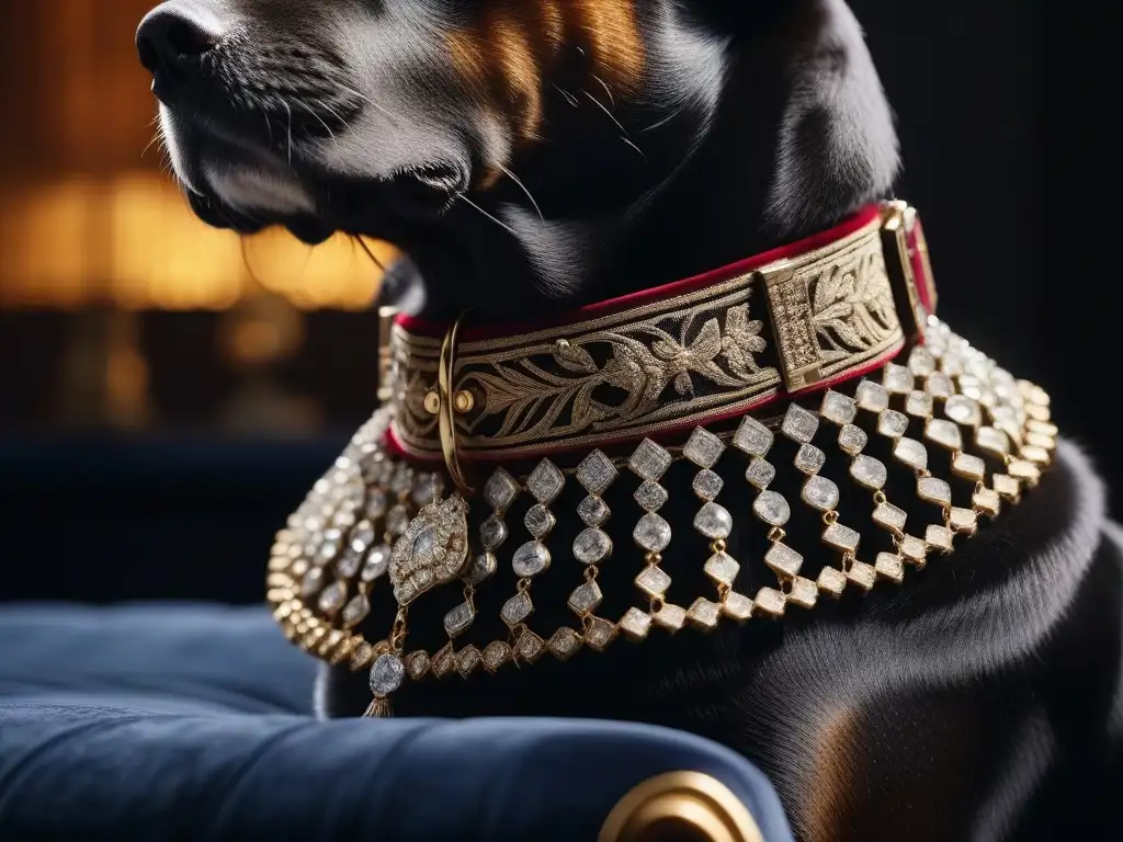 Collar de oro y diamantes: lujo y elegancia Collar dorado y brillante sobre cojín de terciopelo, en elegante ambiente iluminado