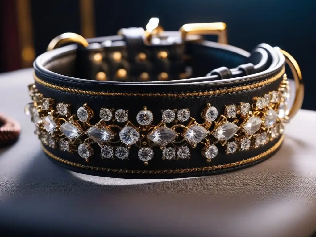 Collar de lujo para mascotas: Swarovski, cuero y oro Collar de lujo para mascotas con cristales Swarovski y detalles en cuero premium, iluminado en terciopelo