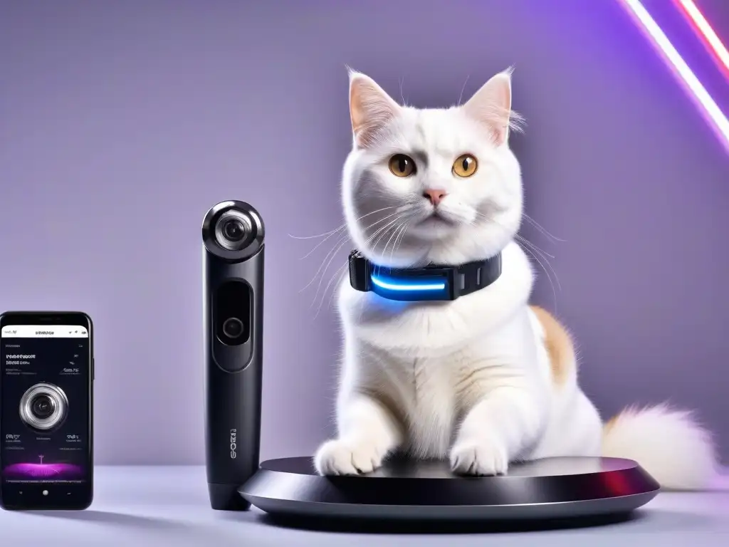 Collar de lujo para mascotas: tecnología futurista y elegancia en 8k Un collar de mascota futurista de lujo con luces LED, GPS y cámara mini, en una estación de aseo hightech