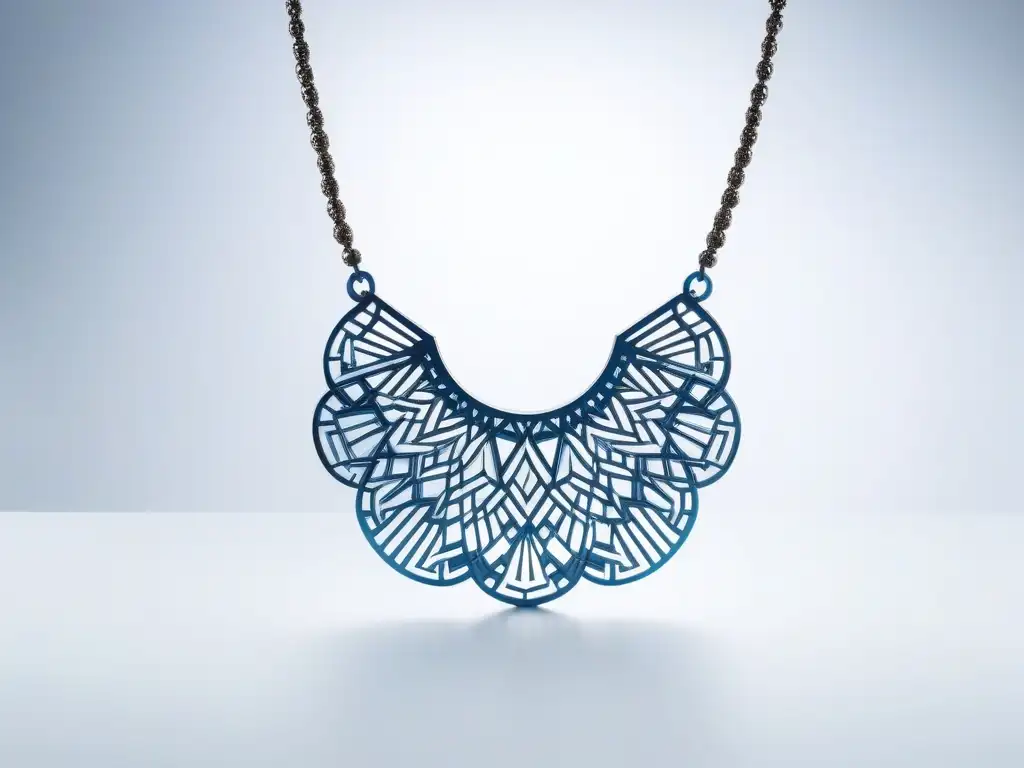 Collar futurista 3D impreso: diseño innovador en moda Collar de moda en impresión 3D con patrones geométricos y acabado brillante, sobre fondo blanco minimalista