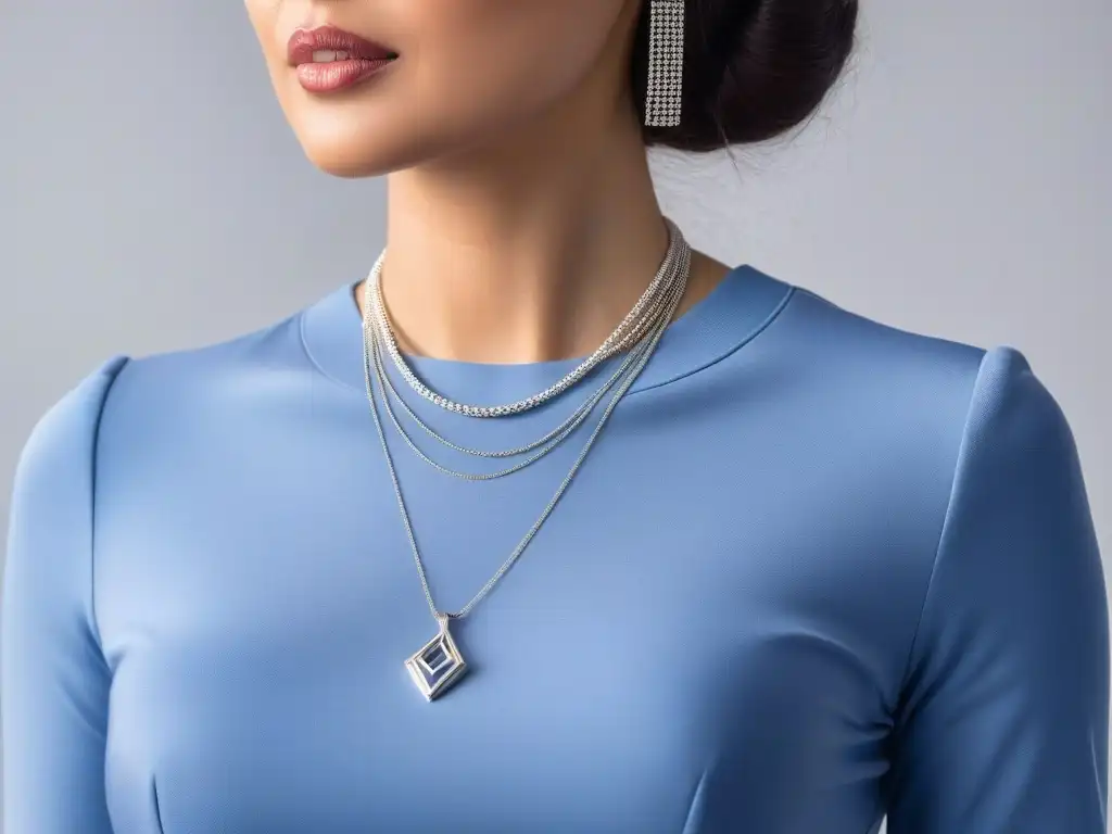 Collar de plata moderno y elegante realza la confianza de una mujer elegante Collar plateado moderno y elegante con colgantes geométricos, complementando a una mujer petite con estilo