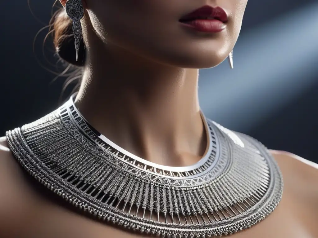 Collar de plata con patrones geométricos: elegancia moderna Un collar plateado con patrones geométricos sobre un maniquí
