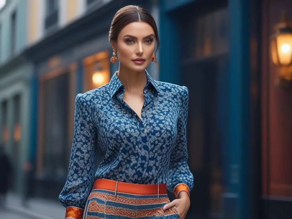 Estiloso y seguro: mezcla de patrones y texturas en outfit de moda Combinación de estampados y texturas en moda alta: un look sofisticado y armonioso, con detalles florales y rayas