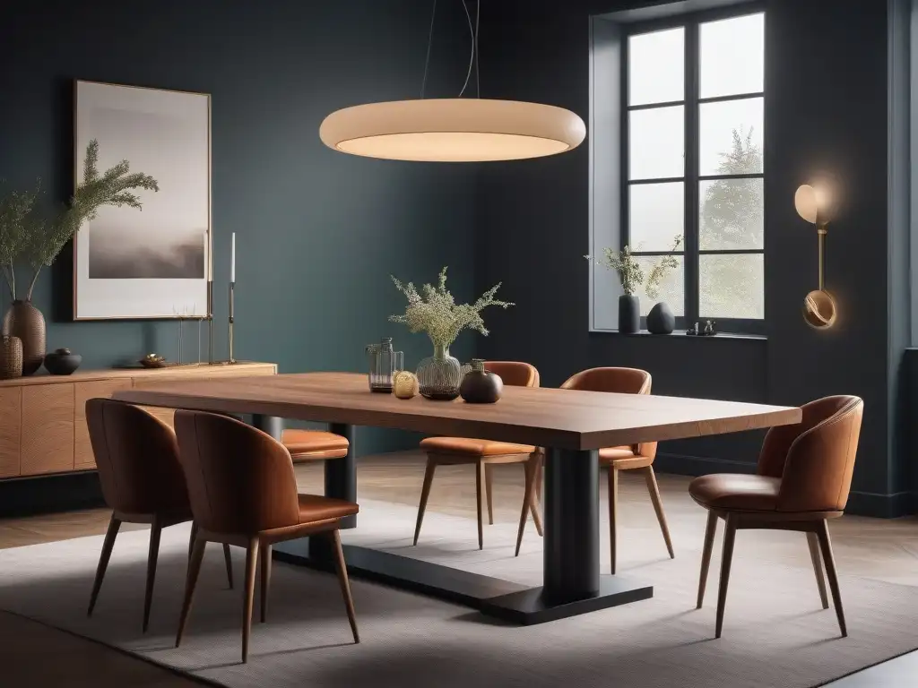 Mesa de comedor inclusiva: unidad y diversidad en diseño moderno Un comedor moderno y elegante con personas diversas cómodamente sentadas alrededor
