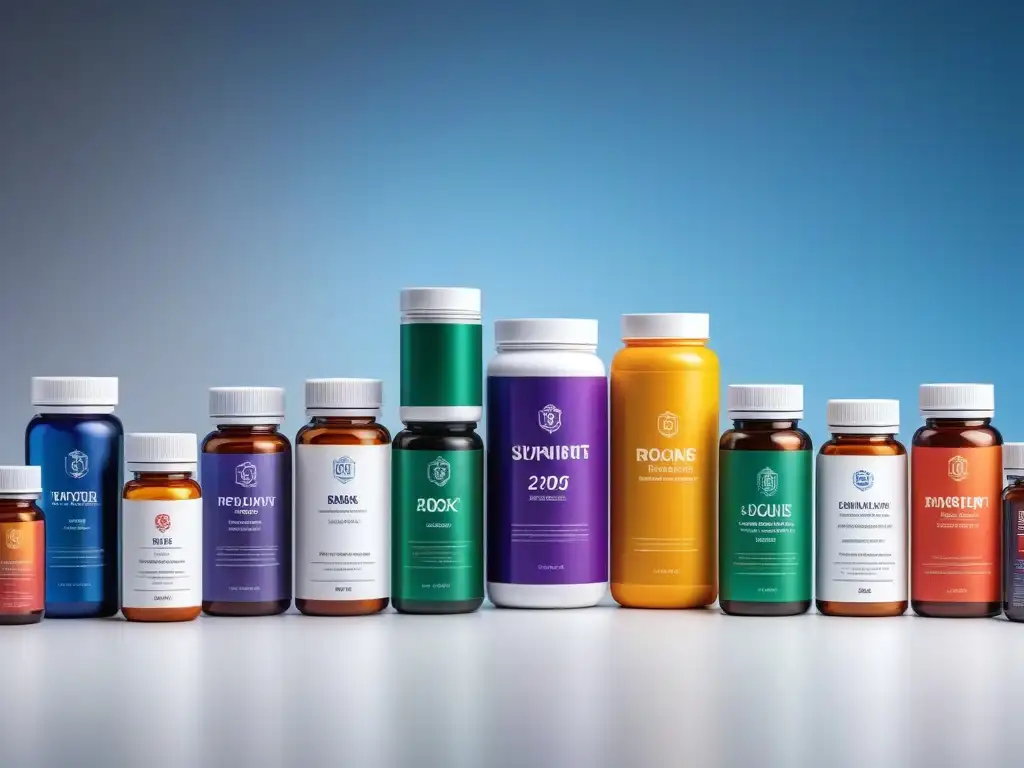 Suplementos para recuperación muscular: orden y color en la mesa Una composición moderna de suplementos para recuperación muscular en un elegante y minimalista ambiente blanco