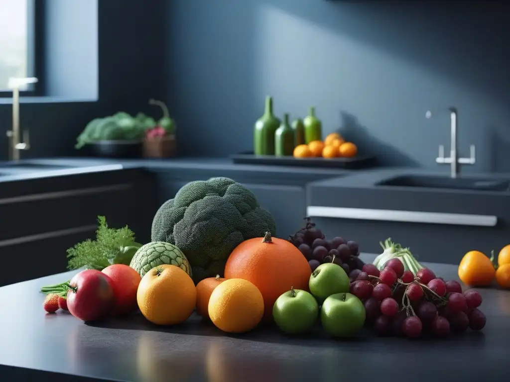 Composición vibrante de frutas y verduras para piel saludable Una composición vibrante de frutas y verduras frescas en una cocina moderna