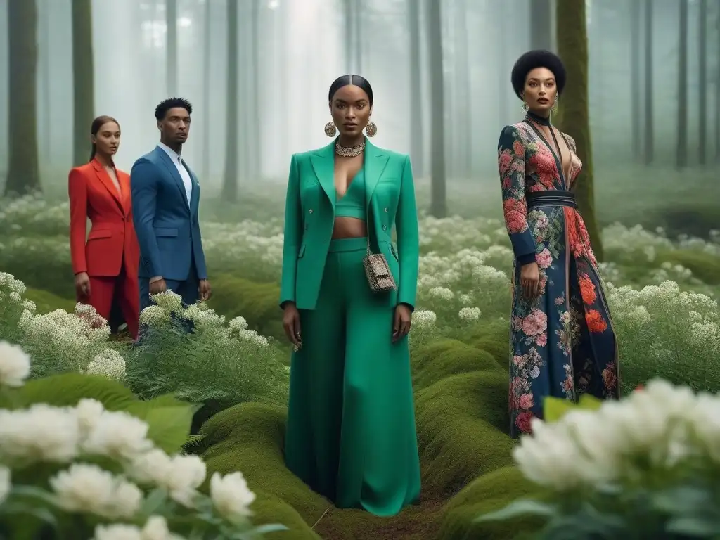 Comunidad sostenible: moda diversa en armonía con la naturaleza Una comunidad diversa y conectada en moda sostenible, rodeada de naturaleza