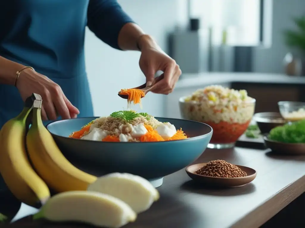 Comunidad saludable disfruta de alimentos prebióticos y probióticos Una comunidad diversa disfruta de platos coloridos y ricos en beneficios prebióticos y probióticos digestivos en una mesa moderna y elegante