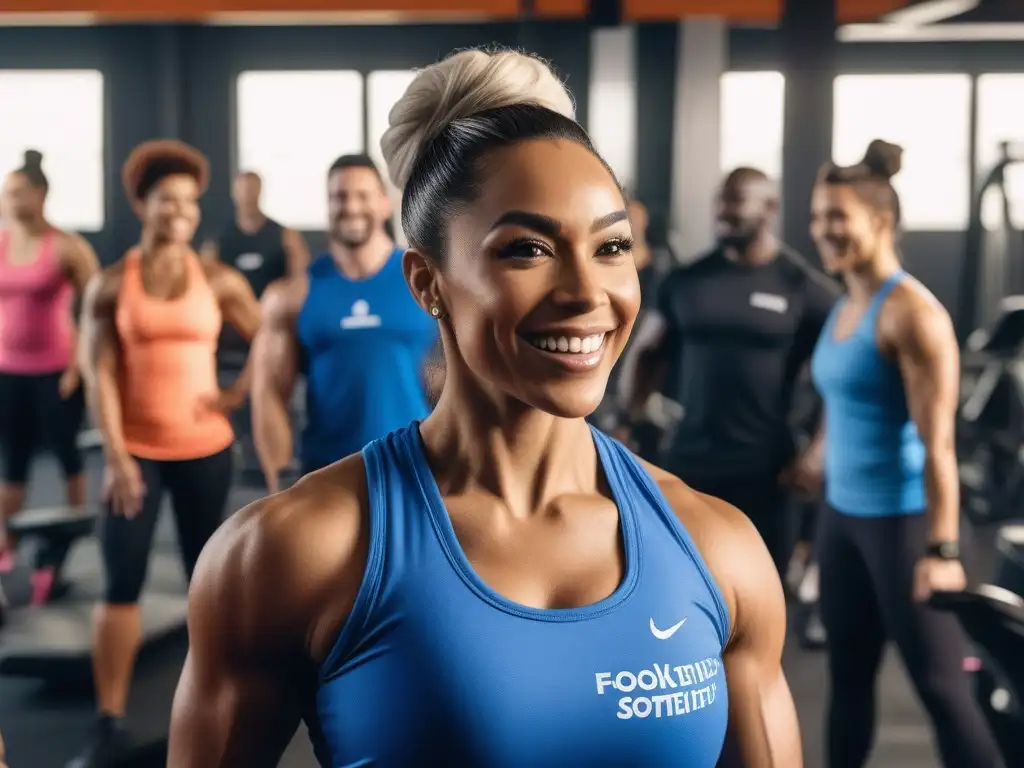 Comunidad inclusiva en un gimnasio moderno: diversidad, energía y unidad Una comunidad diversa sonríe y entrena juntos en un gimnasio inclusivo y moderno