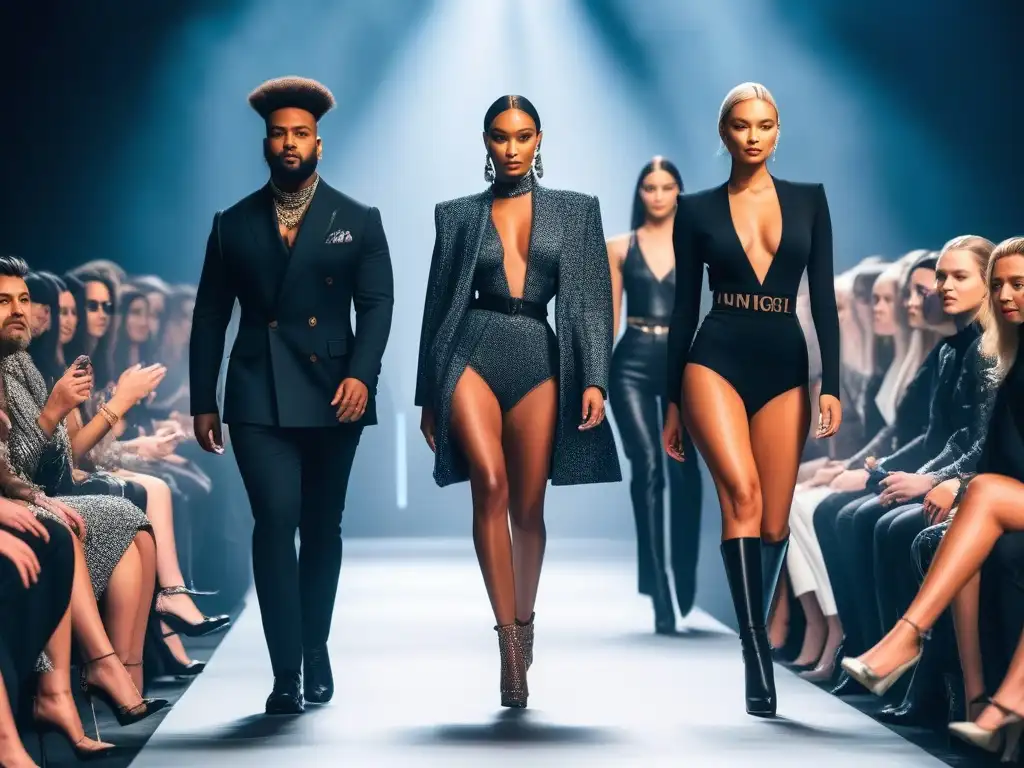 Desfile inclusivo de modelos diversos en pasarela de moda futurista Una comunidad fiel a la moda diversa desfila con confianza en una pasarela, mostrando inclusividad y empoderamiento en la industria
