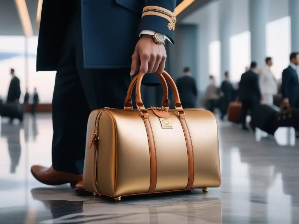 Set de elegantes maletas de cuero para viajes de lujo Conjunto de accesorios de viaje para moda inclusiva en elegante sala de aeropuerto