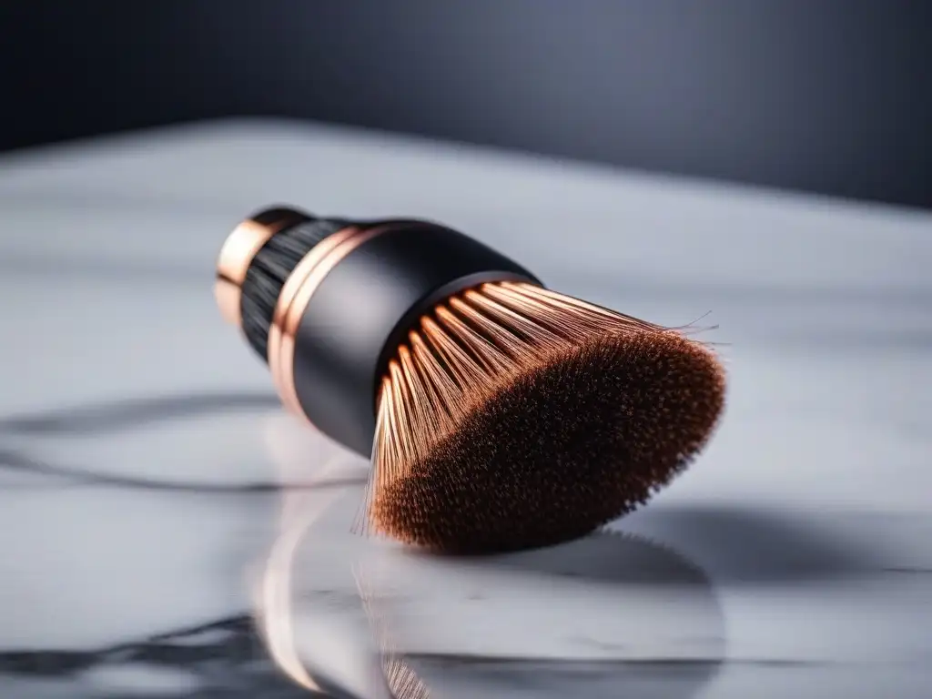 Brochas de maquillaje de lujo en oro rosa sobre mármol Conjunto de brochas de maquillaje de alta gama inclusivas en elegante tono rosa dorado sobre encimera de mármol
