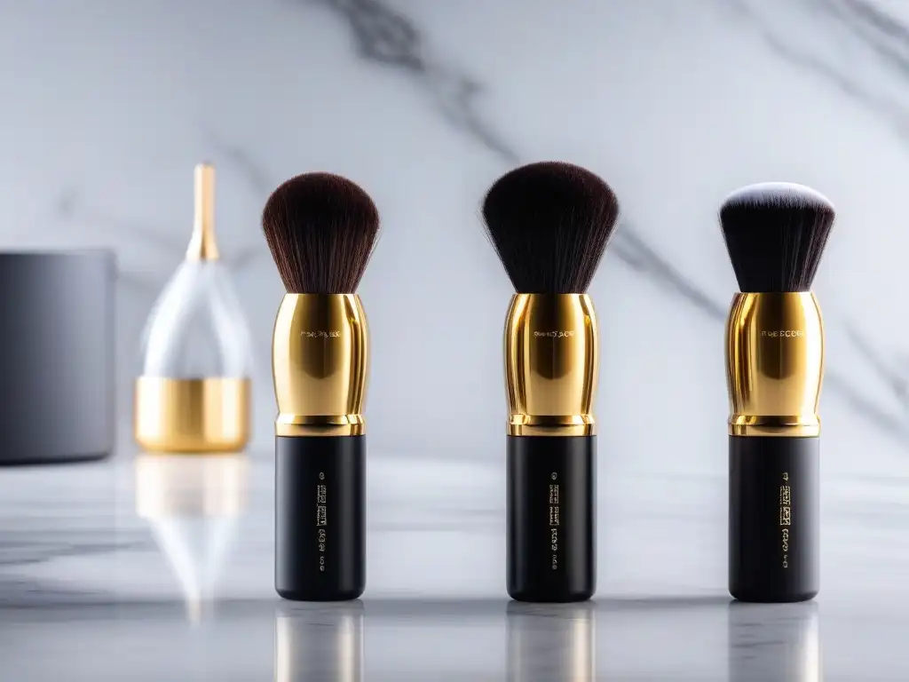 Set de brochas de maquillaje negro y dorado: lujo y precisión Conjunto de brochas de maquillaje negro y dorado de alta gama en elegante encimera de mármol iluminado naturalmente