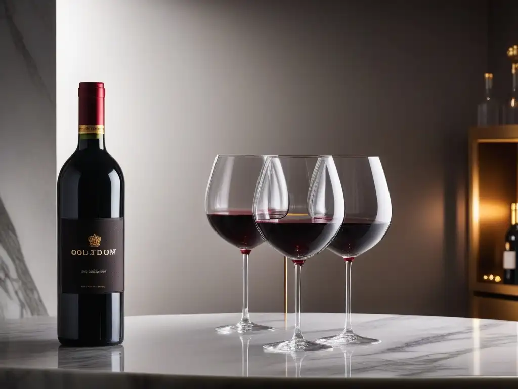 Decantador de vino moderno en mármol, lujo y elegancia Conjunto de decantador y copas de vino de lujo sobre encimera de mármol, reflejando elegancia y sofisticación en una bodega lujosa