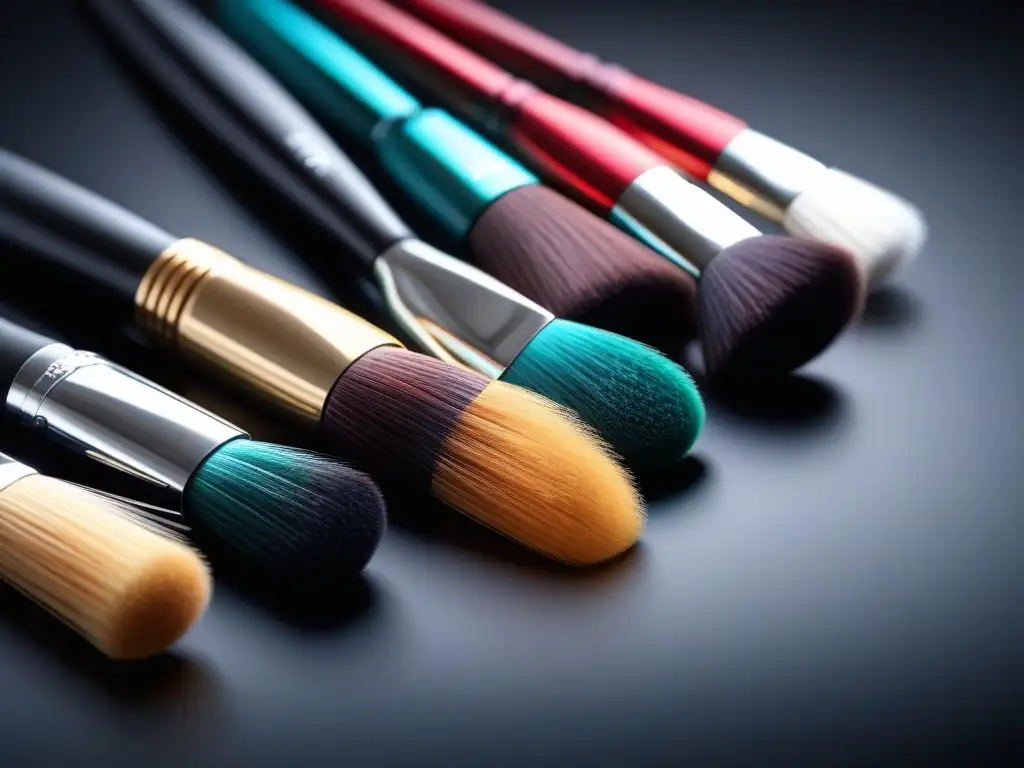 Brochas de maquillaje: diversidad y profesionalismo Un conjunto diverso de brochas de maquillaje para principiantes, meticulosamente dispuestas en una superficie reflectante