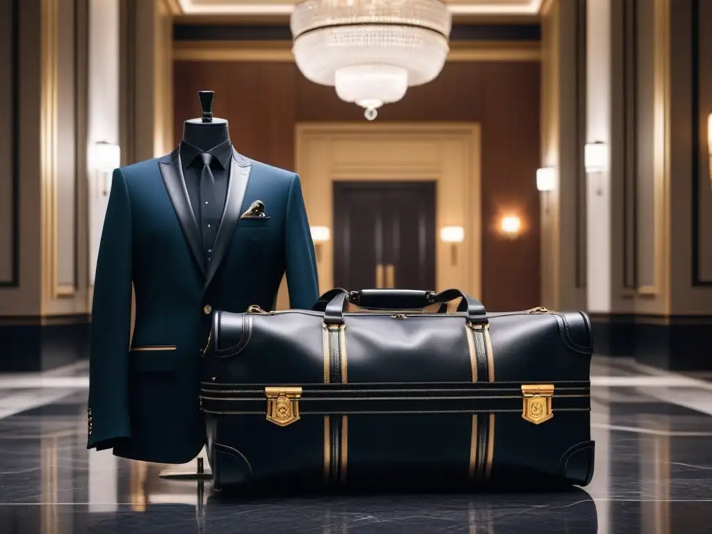 Set de equipaje de lujo en cuero negro y dorado en elegante lobby de hotel Conjunto de equipaje de lujo para viajes largos en elegante cuero negro con detalles dorados, exhibido en lujoso lobby de hotel
