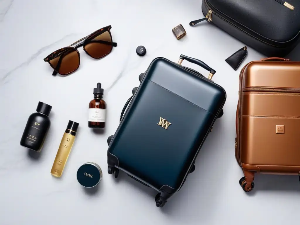 Set de lujo para viajes: maleta, neceser y accesorios elegantes en mármol Conjunto de lujo de viaje en mármol con consejos expertos para empacar