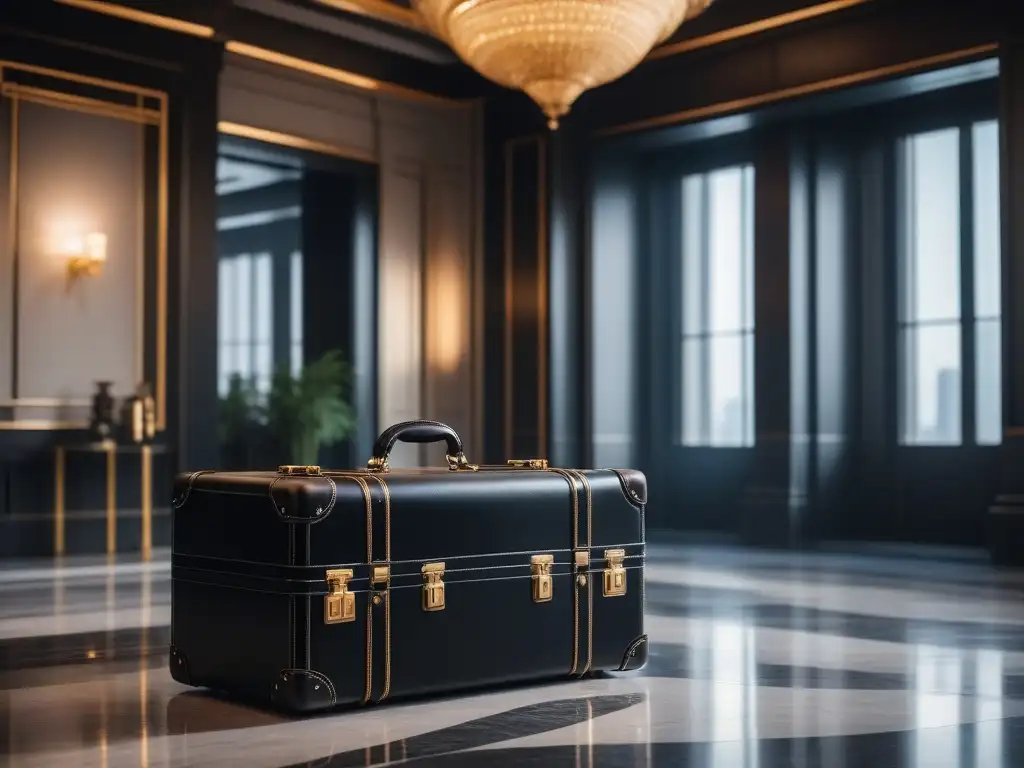 Conjunto de maletas de cuero negro de lujo en lobby de hotel elegante Conjunto de maletas de cuero negro de lujo con detalles en oro, en un elegante lobby de hotel