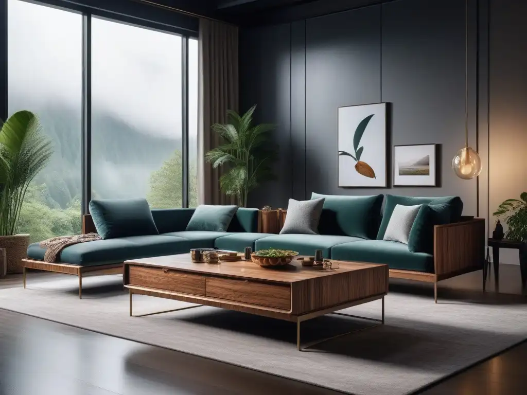Muebles de lujo sostenible en sala moderna Un conjunto de mobiliario de lujo sostenible 2023 en un elegante salón moderno, bañado por luz natural suave
