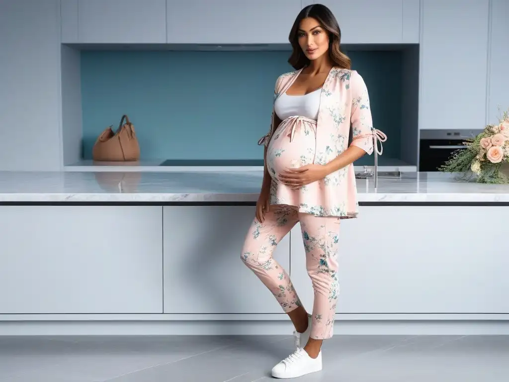 Outfit de maternidad moderno en mármol Conjunto de moda maternal funcional y cómoda en elegante encimera de mármol