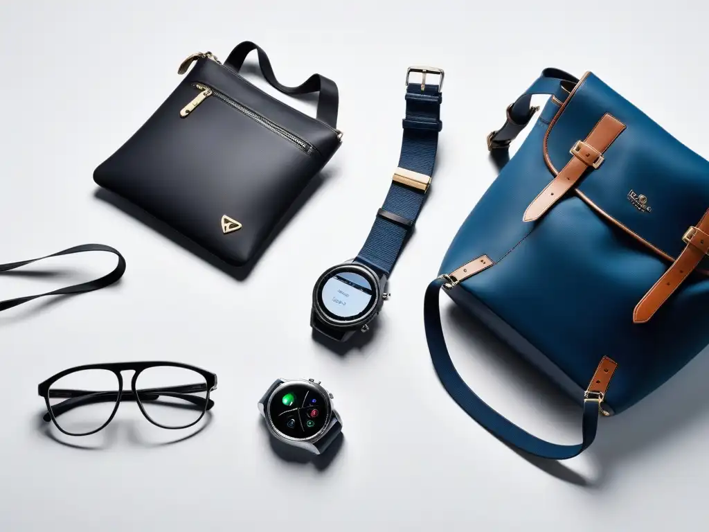 Outfit elegante con accesorio innovador en blanco Conjunto moderno y elegante con accesorios adaptativos para estilo único en fondo blanco minimalista