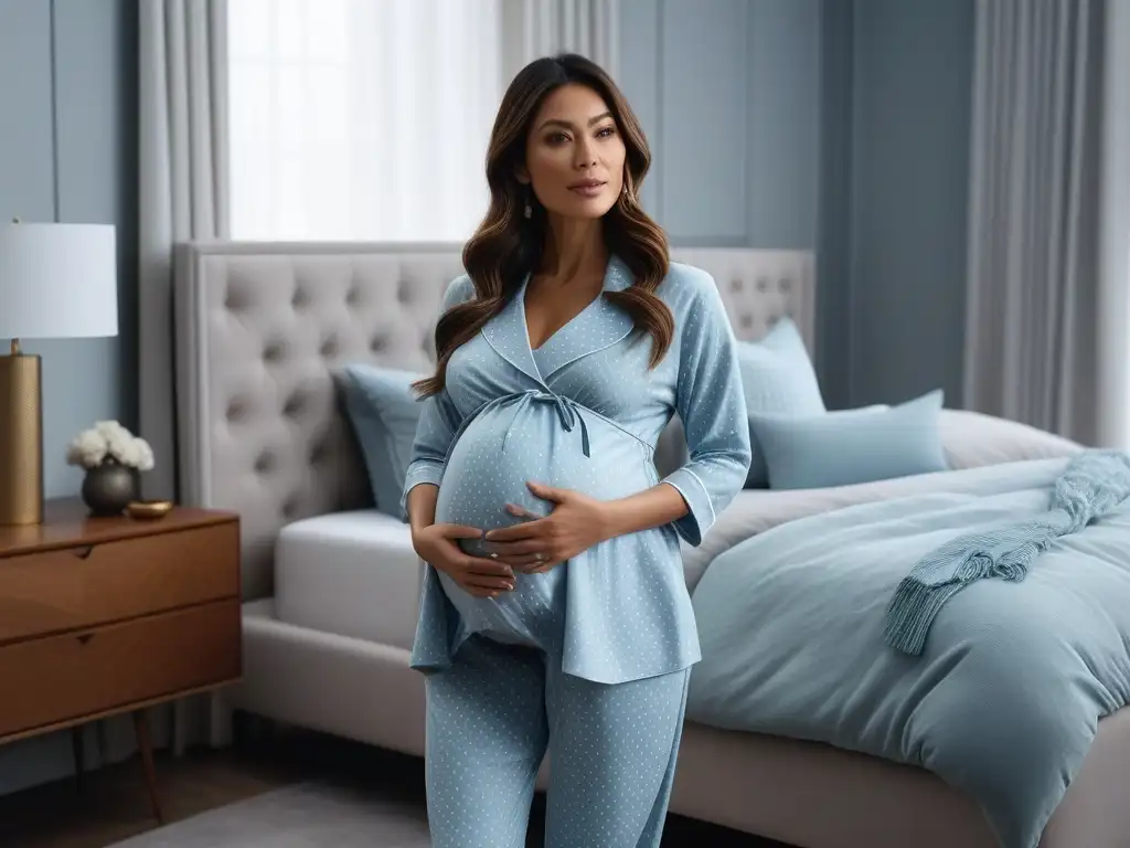 Pijama de maternidad moderno en dormitorio neutro Un conjunto de pijamas de maternidad cómodos y estilosos en un dormitorio neutro y sereno