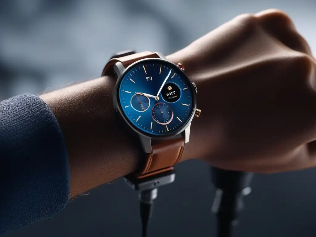 Estilo y tecnología: smartwatch y accesorios de lujo en mármol Un conjunto premium de wearables moda inclusiva: smartwatch, auriculares y funda de lujo sobre elegante encimera de mármol