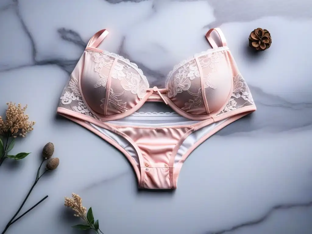 Exquisita lencería en encaje delicado y colores pastel Conjunto de ropa interior petite cómoda y soporte en encaje delicado y colores suaves sobre encimera de mármol moderna