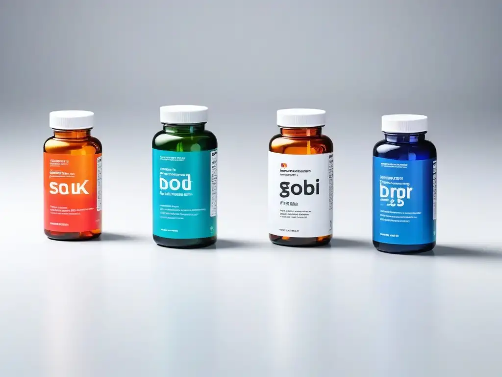 Suplementos dietéticos coloridos: salud y vitalidad Un conjunto vibrante de suplementos dietéticos para máxima eficacia, con diseño moderno y colores llamativos en un fondo blanco