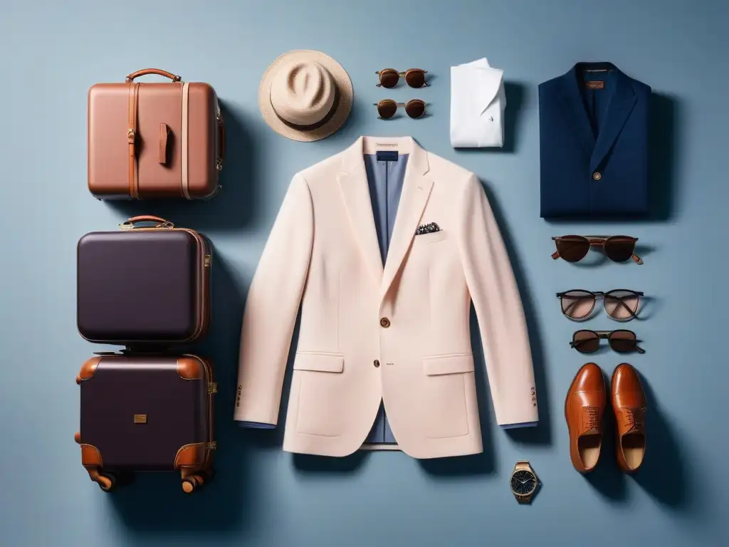 Outfits de viaje elegantes en maleta compacta Consejos para viajar con un armario petite ligero y elegante en tonos navy, blush pink e ivory, sobre un fondo blanco minimalista con toques de verde