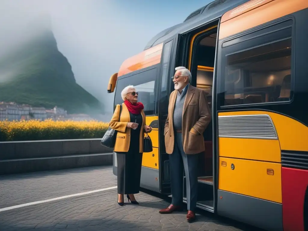 Moda y sofisticación: aventureros seniors en Europa Consejos moda viaje seniors aventureros: Grupo elegante frente a bus lujoso en ciudad europea icónica