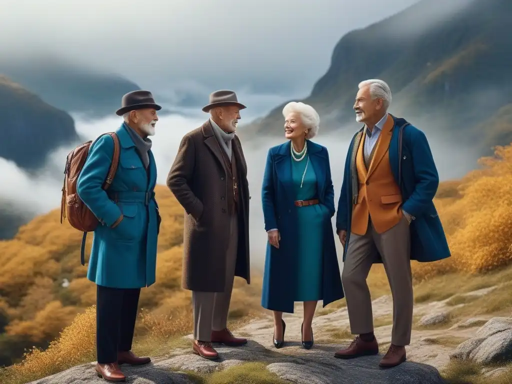 Moda aventurera para seniors con estilo en la cima Consejos moda viaje seniors aventureros: Grupo de elegantes aventureros seniors en la cima de una montaña, mostrando estilo y confianza