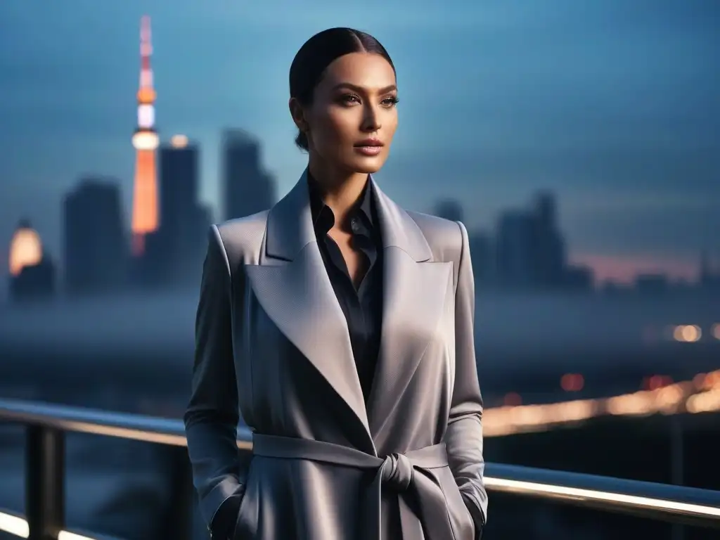 Estilo urbano: mujer alta en capas elegantes al atardecer Consejos para vestir en capas: Mujer elegante con telas fluidas en tonos neutros, frente a un atardecer urbano brillante
