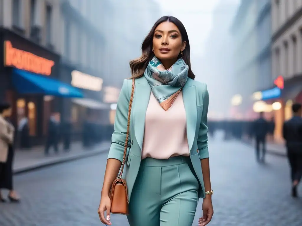 Atuendo elegante para mujer petite en la ciudad Consejos de capas para mujeres petite: Elegante outfit con blazer pastel, bufanda estampada, top ajustado y pantalones de talle alto
