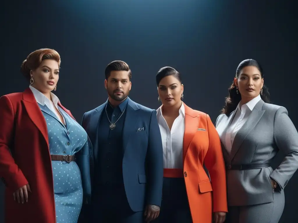 Maniquíes plus size empoderados lucen moda duradera y chic Consejos cuidado ropa plus size: Maniquíes plus size luciendo prendas duraderas y elegantes en un escenario moderno y luminoso