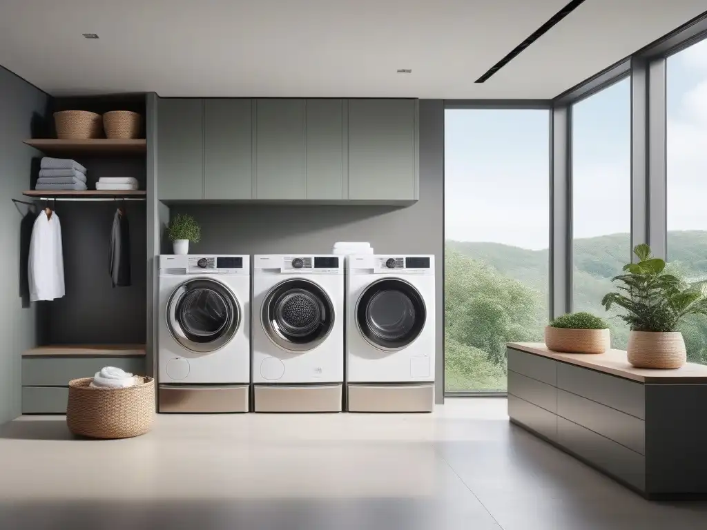 Lavandería moderna: eficiencia y sofisticación en casa Consejos para el cuidado de la ropa en tallas altas en una moderna lavandería con electrodomésticos de acero inoxidable y diseño minimalista