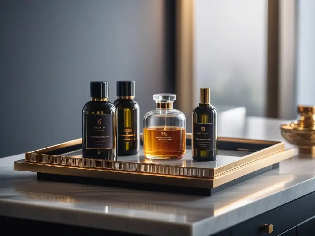 Productos de lujo para el cuidado de la piel en un elegante tocador de baño Consejos para maximizar efectos belleza con productos de lujo en un tocador elegante y minimalista