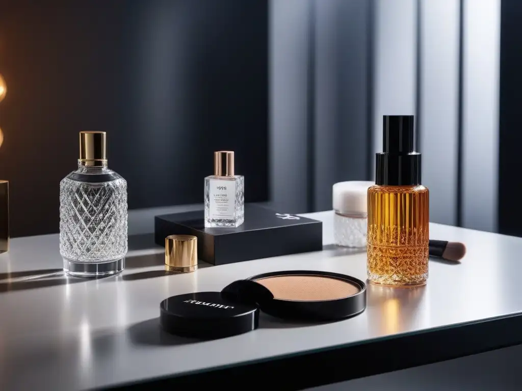 Vanity table lujoso con productos de belleza elegantes Consejos para maximizar efectos belleza: una mesa de tocador moderna con productos de lujo en su superficie, bañada en luz suave