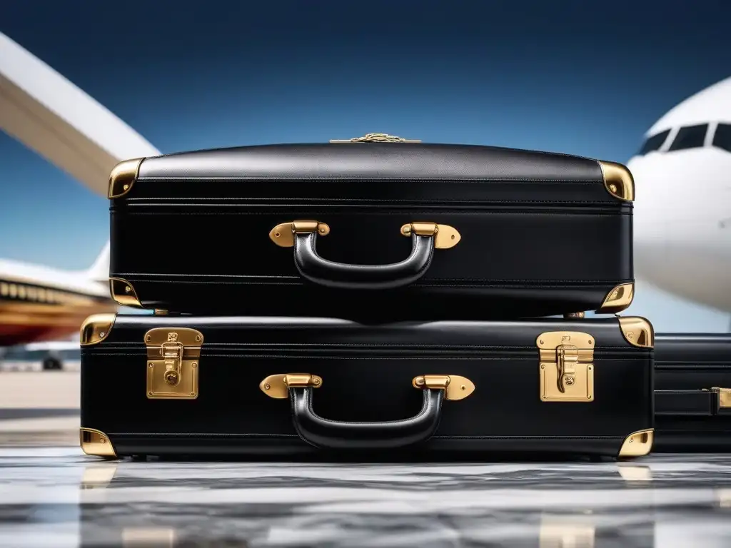 Equipaje de lujo: elegancia y sofisticación para viajes exclusivos Consejos para viajar con equipaje: Conjunto lujoso de maletas de cuero negro y dorado en elegante sala de aeropuerto