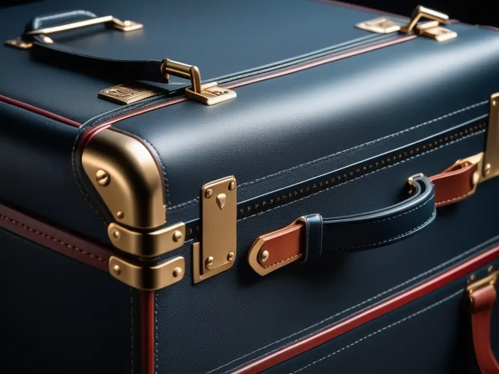 Exquisito set de equipaje de lujo: detalles en cuero y metal Consejos para viajar con equipaje: Detalle de un lujoso set de equipaje moderno con elegantes detalles de cuero y metal pulido
