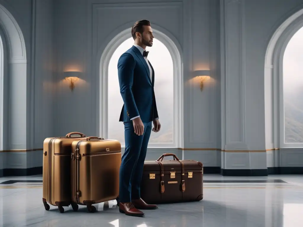Conjunto de lujo: equipaje moderno y elegante sobre mármol Consejos para viajar con equipaje: Elegante set de maletas de lujo sobre suelo de mármol, iluminadas por luz natural
