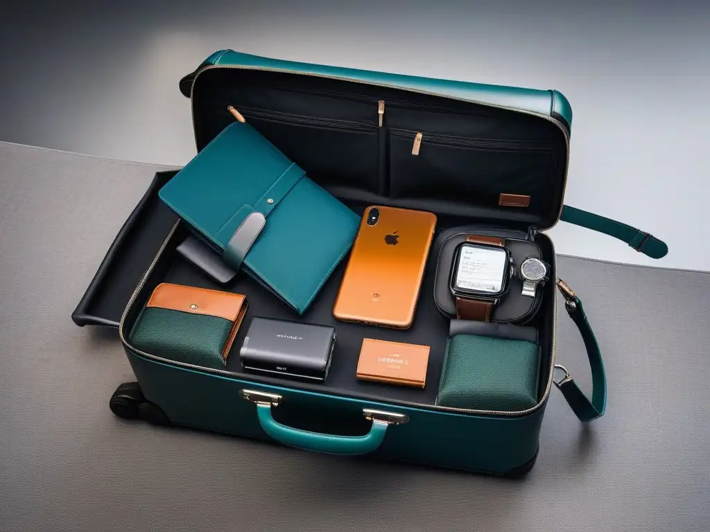 Accesorios de viaje de lujo organizados en maleta elegante Consejos para viajar con equipaje: Maleta moderna abierta con accesorios de lujo organizados